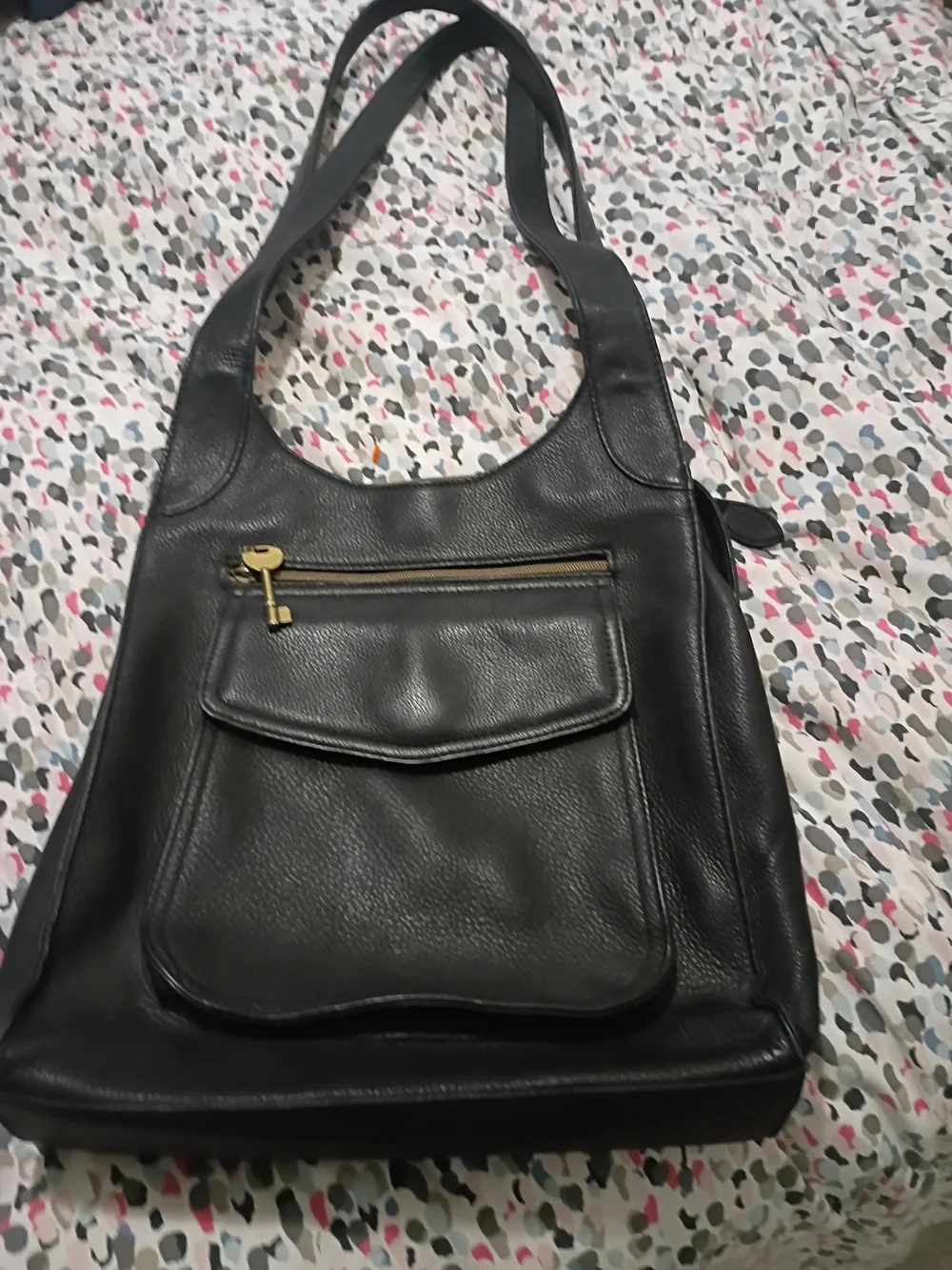 Fossil Black Pebbled Leather Shoulder Bag with Gold Hardware